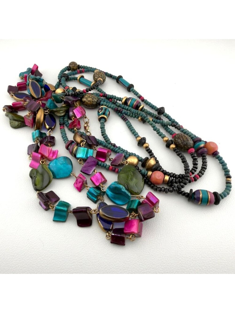 Boho Multicolor Shell Glass Wood Bead Necklace Earring Set Layered Beach Coastal